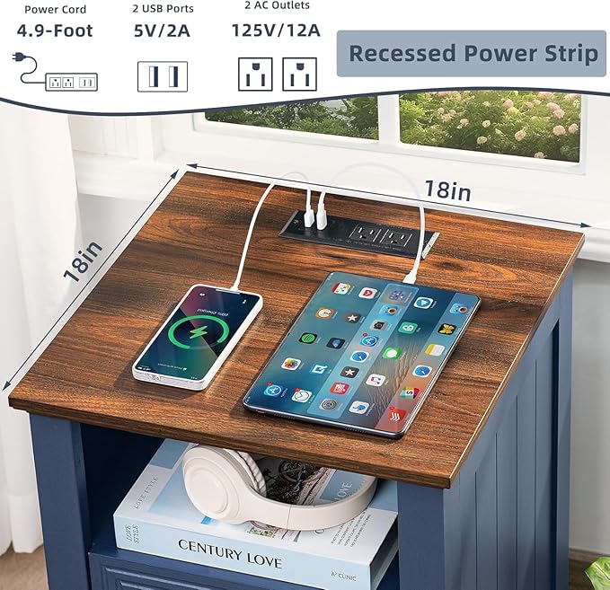 18" Farmhouse Night Stands Set of 2 with Charging Station, 2 & 3 Drawers End Table Dresser for Bedroom, Blue Wooden Nightstand, Bed Side Table with Open Shelf, Bedside Cabinet for Living Room-HomvellaHome