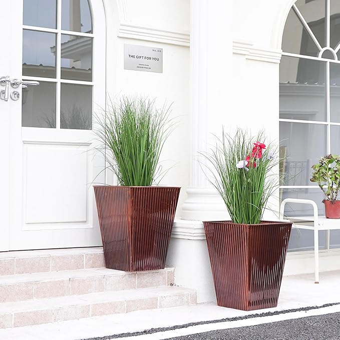 18in Vintage Handmade Metal Vertical Lines Copper Tapered Planters Set of 2, Galvanized Steel Planter Box with Drainage Hole for Indoor/Outdoor/Porch/Garden-HomvellaHome