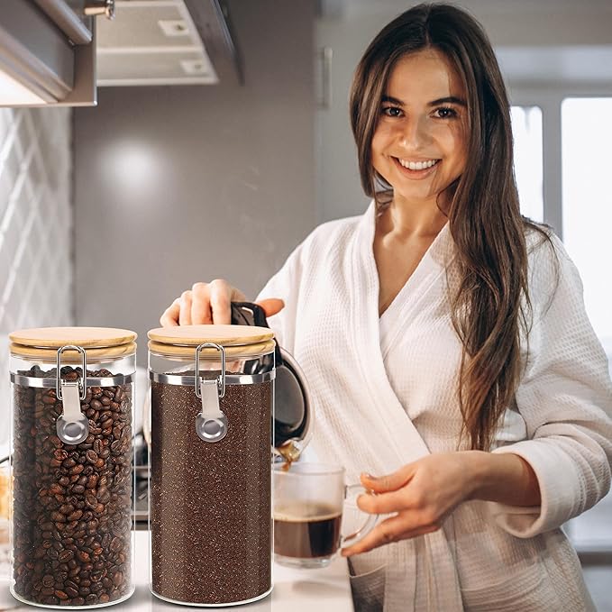 Glass Storage Jars Set Elegant Containers with Airtight Bamboo Lids, Perfect for Kitchen Organization - Flour, Rice, Pasta, Sugar, Coffee Beans, Accessories Included (Coffee Jar x 2)-HomvellaHome