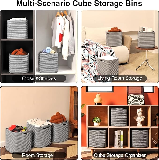 11 Inch Cube Storage Bins, Storage Cube Organizer Bins, Woven Cotton Rope Basket for Storage, Storage Baskets for Organizing Shelves, Grey Baskets for Toys Nursery, Grey (Pack of 3)-HomvellaHome