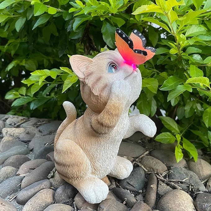 Garden Decor Solar Cat Figurines Cat Lover Gifts with LED Butterfly Lights for Indoor Outdoor Decor for Yard Garden Patio Decor Gifts for Women Grandma Mother's Day Birthday-HomvellaHome