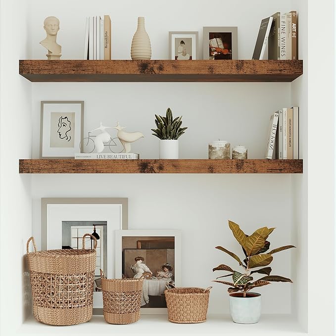 10 inches Deep Floating Shelves 36 inch Long, Sing Shelves for Wall Heavy Duty for Bedroom, Bathroom, Living Room, Kitchen, Office, Farmhouse Shelf Home Decor, Set of 1, Rustic Brown-HomvellaHome