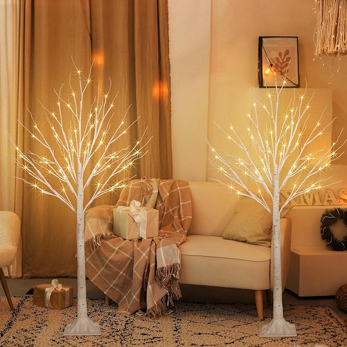 2 Pack 4FT 100LED Christmas Lighted Birch Tree, Timer Function Prelit Artificial Tree Lamp Plug in with Warm White Lights, 2 Modes Twinkling Twig Trees for Indoor Outdoor Party Christmas Decorations-HomvellaHome