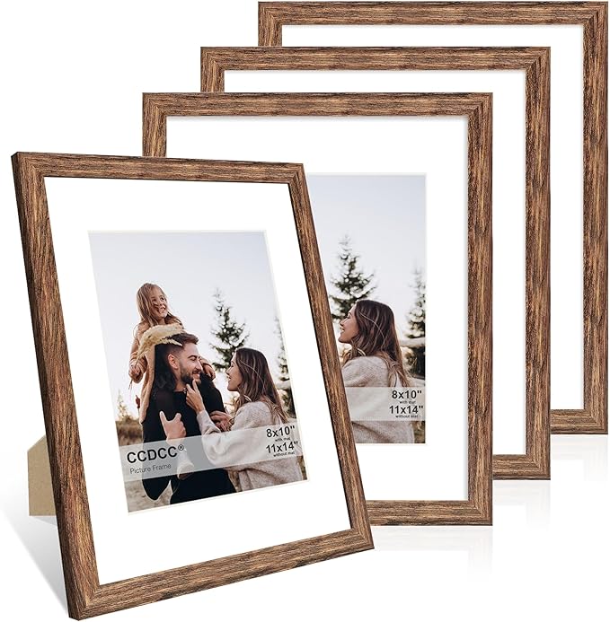 11x14 Picture Frame Set of 4, 11 x 14 Wood Photo Frames with Mat for 8x10, Natural Wooden Frame with Real Glass Cover for Wall and Tabletop Display,Rustic Brown-HomvellaHome