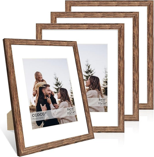 11x14 Picture Frame Set of 4, 11 x 14 Wood Photo Frames with Mat for 8x10, Natural Wooden Frame with Real Glass Cover for Wall and Tabletop Display,Rustic Brown-HomvellaHome