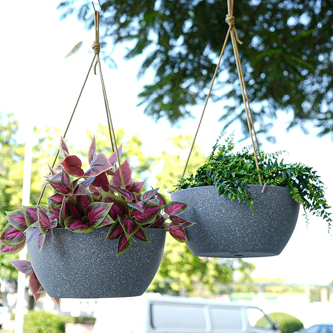 12 Inch 2 Pack Large Hanging Planters for Indoor Outdoor Plants, Plastic Hanging Basket Pots for House Plants Flowers, Grey-HomvellaHome