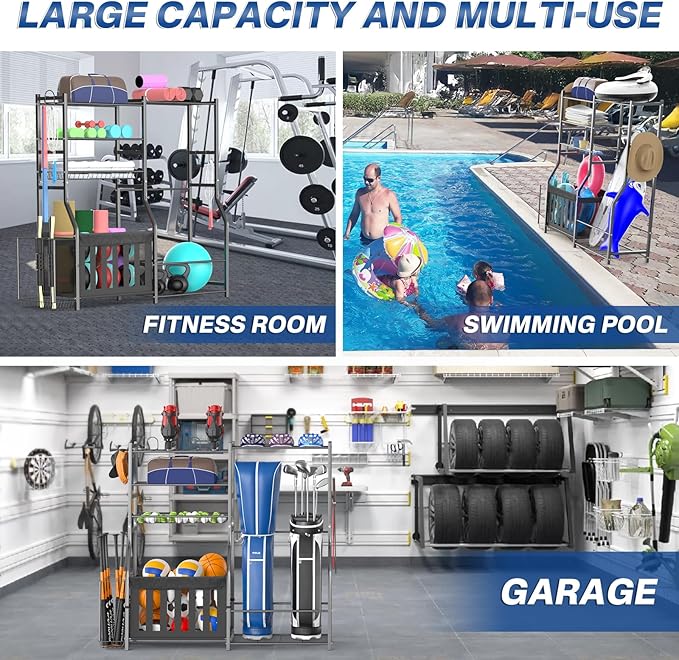 Garage Sports Equipment Organizer, Strong Load Bearing Golf Bag Organizer, Multi Use Golf Ball Rack Basketball Rack for Sports Gear and Outdoor Toy Ball Storage-HomvellaHome