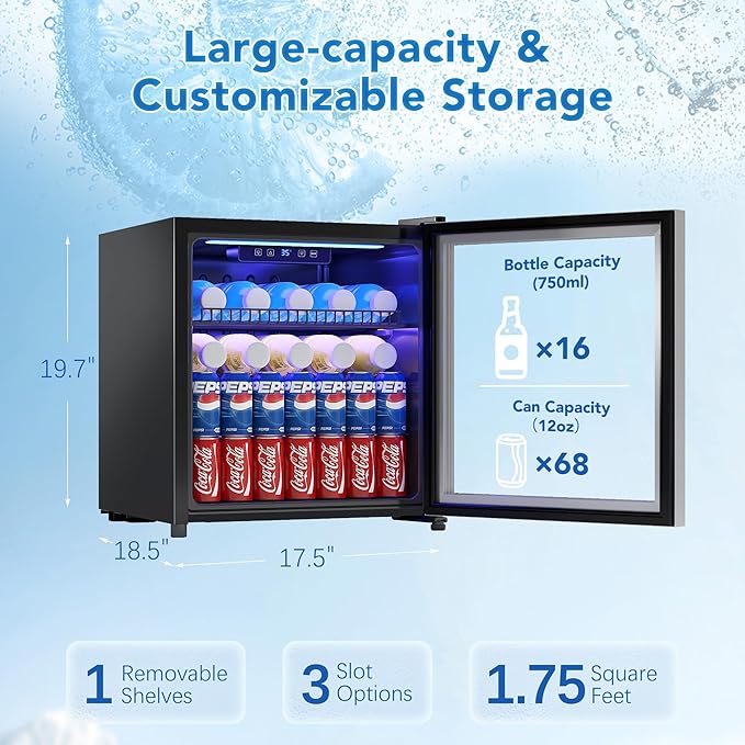 1.77 Cu.Ft Beverage Fridge, Mini Fridge With Glass Door, Beverage Cooler Refrigerator, Wine Drink Beer Fridge, Adjustable Shelves & Digital Temperature Display, 16 Bottle 68 Can, Silver-HomvellaHome