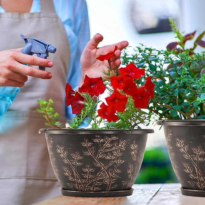 12-inch-Flower-Pots-Outdoor-Indoor, 4 Pack Plastic Planter Pots for Plant with Drainage Hole Saucer, Decorative Resin Garden Container with Tray-HomvellaHome