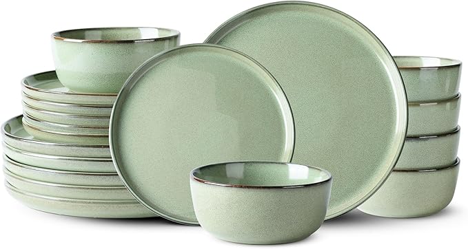 GBHOME Ceramic Dinnerware Sets for 6, 18 Pieces Stoneware Plates and Bowls Sets, Scratch Resistant Dishes, Dishwasher & Microwave Safe-Pastel Green-HomvellaHome