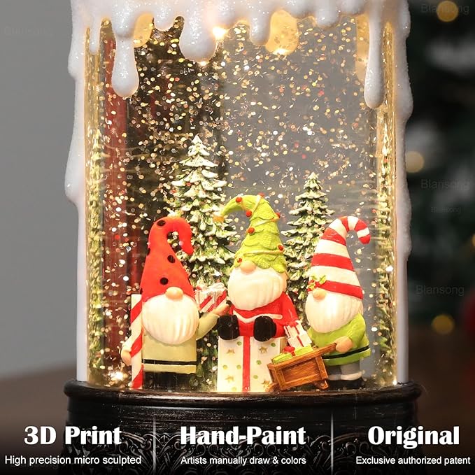 Gnome Snow Globe Candle Christmas Decorations Gifts Auto Snowfall Glitter Music Collection with 6H Timer USB/Battery Powered 9.7 inch-HomvellaHome