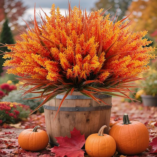 Geegoods Artificial Plants Flowers Outdoor – Faux Lavender Flowers with Monkey Grass UV Resistant Plastic Faux Plants for Garden Porch Window Patio Hanging Planter Home Decor (Autumn-Orange, 48PCS)-HomvellaHome