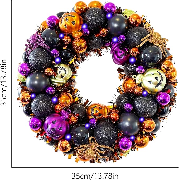 13.8 Inch Halloween Ball Wreath for Front Door with Lights, Lighted Cute Treat-or-Trick Door Wreath Ball Ornament for Halloween Indoor Decorations Centerpiece Party Holiday Wall Home Decor-HomvellaHome