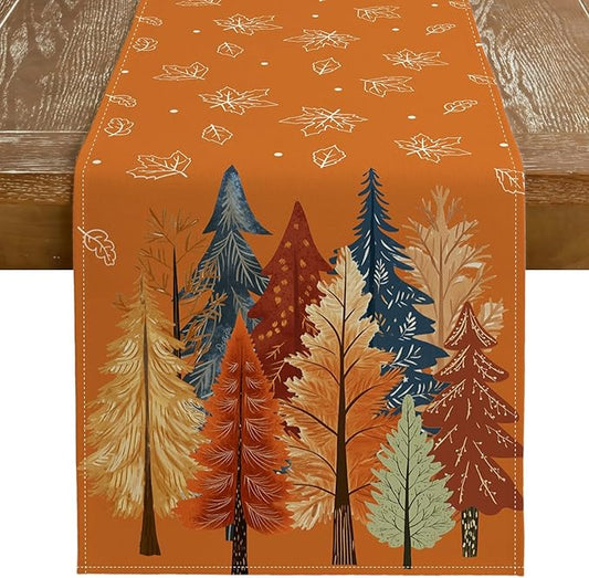 GEEORY Fall Watercolor Trees & Maple Leaves Table Runner 13x90 Inch, Rustic Farmhouse Autumn Thanksgiving Decor for Kitchen, Dining, Indoor/Outdoor Holiday Dinner Party Orange GT158-90-HomvellaHome