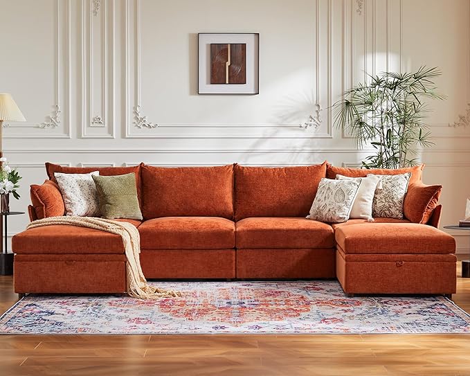 134.6" Oversized Modular Sectional Sofa, 6 Seater U Shaped Couch with Storage Ottoman with Reversible Chaise Deep Seat for Living Room, Apartment - Chenille Terracotta Orange-HomvellaHome