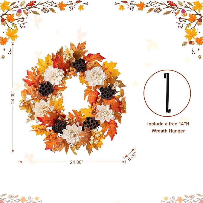 Glitzhome 24" D Fall Sorghum Wreath with Metal Hanger, Harvest Wreath for Front Door, Fall Door Wreaths for Indoor Outdoor Thanksgiving Harvest Holiday Decorations-HomvellaHome