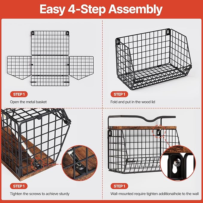 2 Pack Fruit Bowl Hanging Fruit Basket for Kitchen Counter ,Stackable Wire Baskets for Onion Storage and Potato Storage with Wood Lid,Vegetable Fruit Basket with Banana Hooks-HomvellaHome