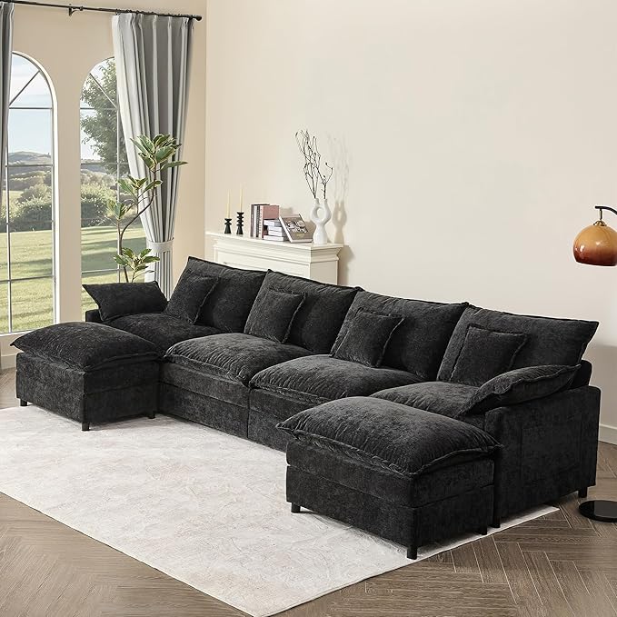 142.5" U Shaped Couch, Modular Sectional Sofa, 3-Seater Comfy Cloud Couch with Movable Ottoman, Deep Seat Couches for Living Room, Chenille, Black-HomvellaHome