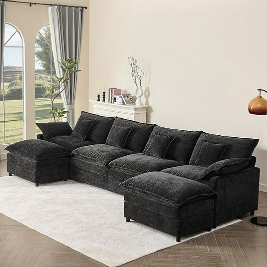 142.5" U Shaped Couch, Modular Sectional Sofa, 3-Seater Comfy Cloud Couch with Movable Ottoman, Deep Seat Couches for Living Room, Chenille, Black-HomvellaHome