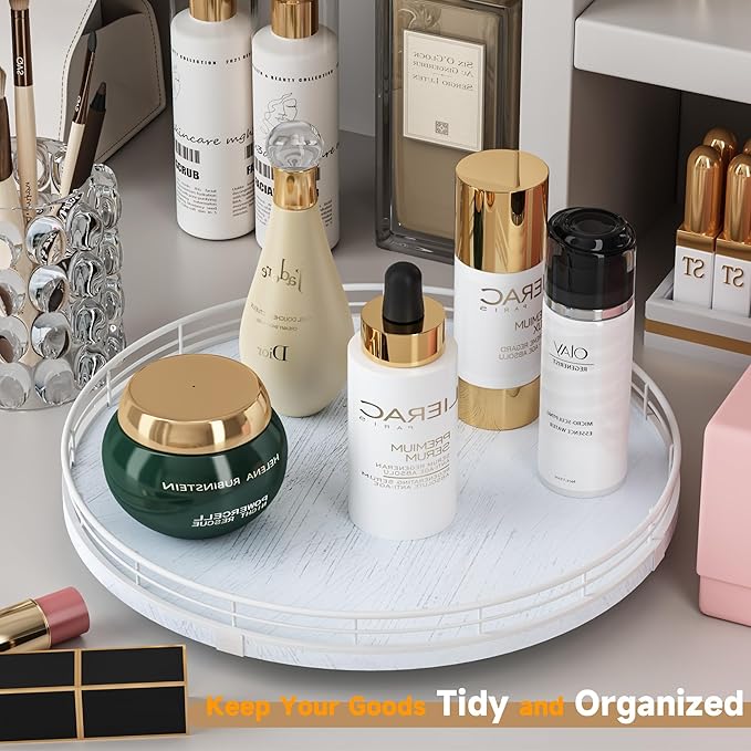 13" Oak Bathroom Vanity Tray Turntable for Perfume Candle, Round Wooden Decorative Tray for Kitchen Sink Countertop Organizer, Bathroom Counter Organizer for Skincare Makeup, Rustic White-HomvellaHome