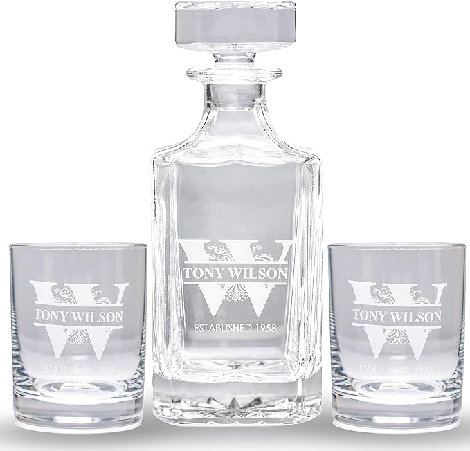 Gifts Inscribed Personalized Whiskey Decanter Set - Engraved Whiskey Decanter Bottle & Set of 2 Custom Drinking Glasses Laser Etched - Customized Whisky Gift for Wedding, Birthday, Fathers Day-HomvellaHome
