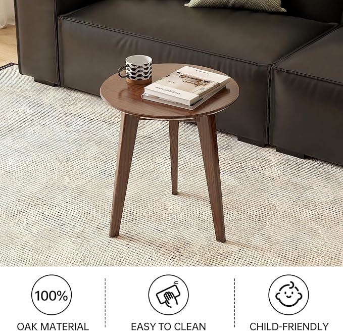 100% Solid Oak Round Side Table Set of 2, Small Bedside Table for Small Spaces, Living Room End Table with Stable Frame, Modern Nightstand for Bedroom Couch(Walnut, 17.71" D x 19.68" H)-HomvellaHome