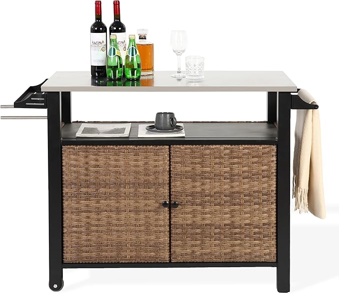 Grill Cart Outdoor with Wheels, Outdoor Prep Table with Wicker Storage and Rolling Wheels, Kitchen Island Serving Cart with Stainless Steel Table Top for BBQ, Porch, Patio, Brown-HomvellaHome