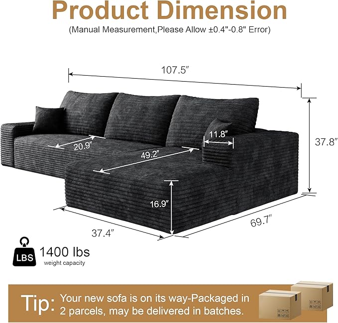 108" Sectional Couches for Living Room Modern Modular Sofa with L-Shape Couchs Upholstered Boneless Couch Deep Seat Sectional Couch with Chaise (Black, Right Facing Chaise+2Seaters)-HomvellaHome