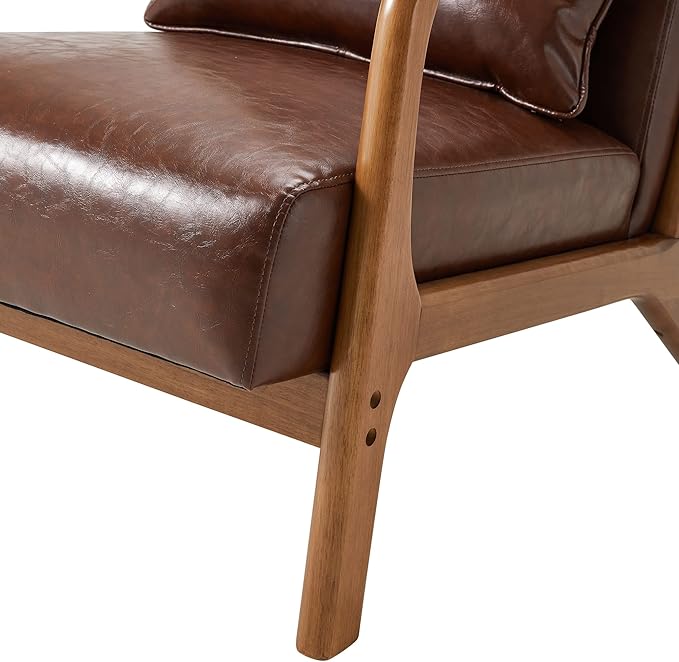 Glitzhome 2 Set Mid Century Coffee Accent Armchair, Single Reading Armchair PU Leather Lounge Chair with Walnut Ruberwood Frame-HomvellaHome