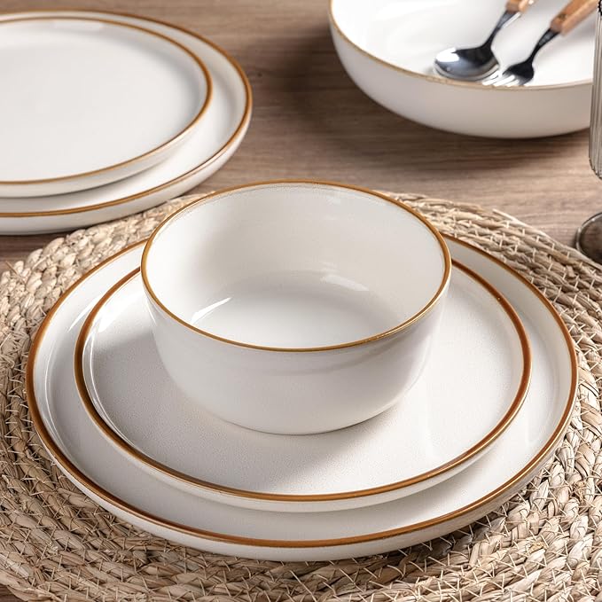 GBHOME Ceramic Dinnerware Sets for 8, 24 Pieces Stoneware Plates and Bowls Sets, Scratch Resistant Dishes, Dishwasher & Microwave Safe, Reactive Glaze-Pearl White-HomvellaHome