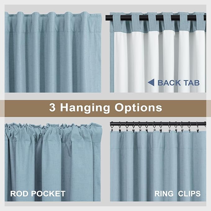 100% Blackout Curtains 90 Inches Long for Living Room 2 Panels Set Light Blocking Heat Darkening Energy Saving Curtain Window Coverings Coastal Beach Linen Farmhouse Drapes Bedroom Stone Blue Chambray-HomvellaHome