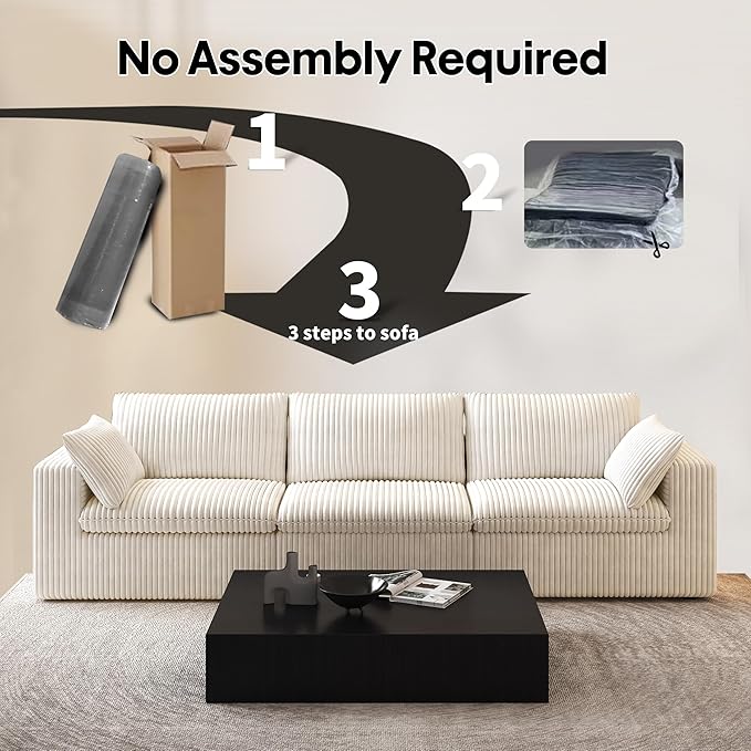 118" 3-Seater Cloud Sofa,Modular Sectional Couch,Modern Deep Seat Upholstered Couches with Plush Corduroy Fabric for Living Room Furniture,Bedroom and Apartment,No Assembly Required,White-HomvellaHome