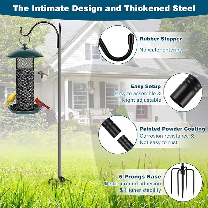 Gtongoko 47 inch Small Shepherds Hooks for Outdoor with 5 Prongs, Adjustable Bird Feeder Pole Garden Hooks for Hanging Lanterns, Plants Baskets, Hummingbird Feeders, 1 Pack-HomvellaHome