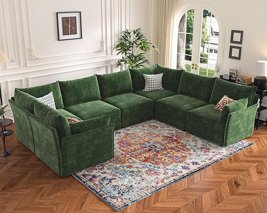 136.4" Oversized Modular Sectional Sofa, U Shaped Convertible Couch with Movable Ottoman, Large 7 Seat Corner Couches for Living Room Deep Seat Green Chenille-HomvellaHome
