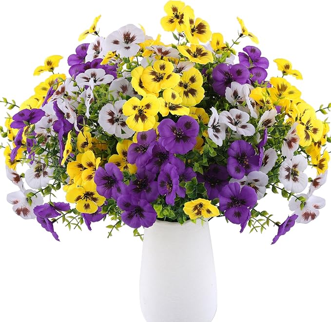 18 Bundles Artificial Fake Pansy Flowers for Outdoor, Faux UV Resistant Silk Pansies Flowers for Outside Planter Front Door Porch Yard Patio Window Box Home Decor (18, Purple, Yellow, White)-HomvellaHome
