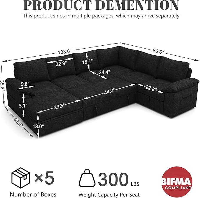 108 Inch Modular Sectional Sofa with Pull Out Bed,U Shaped 7 Seat Sectional Sleeper Sofa with Storage,Sectional Couches for Living Room,Cloud Modular Couch,Removable Sofa Cover,Black-HomvellaHome