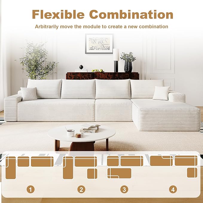 136" Sectional Couches for Living Room Modern Modular Sofa with L-Shape Couchs Upholstered Boneless Couch Deep Seat Sectional Couch with Chaise (White, Right Facing Chaise+3Seaters)-HomvellaHome