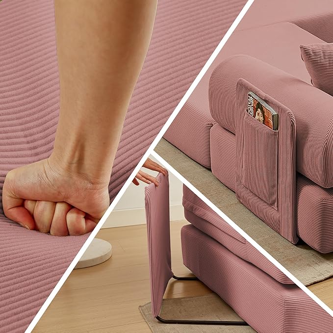 107" Oversized Convertible Sleeper Sofa Bed, Corduroy L Shape Sectional Couch, Folding Sofa Bed with Side Pocket, Modern Cloud Floor Mattress Couch, Modular Sofa for Living Room, Pink-HomvellaHome