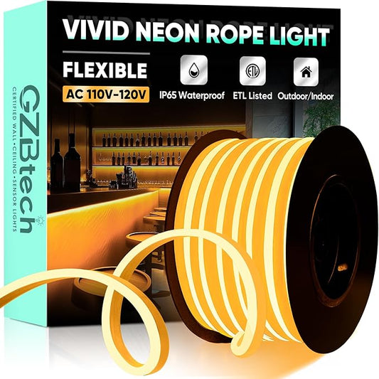 GZBtech Flexible LED Neon Rope Lights 50FT,AC 110-120V Waterproof Strip Light, 120 LEDs/M Cuttable Connectable Neon Lighting for Indoor Outdoor Home Decor/Commercial Building Use-Amber 15M-HomvellaHome
