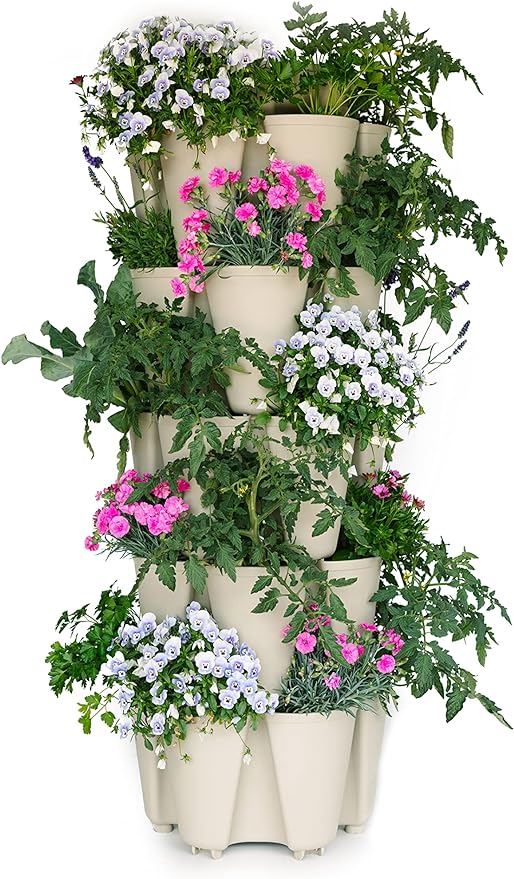 Greenstalk Patented Large 5 Tier Vertical Garden Planter with Patented Internal Watering System Great for Growing a Variety of Strawberries, Vegetables, Herbs, & Flowers (Stunning Stone)-HomvellaHome