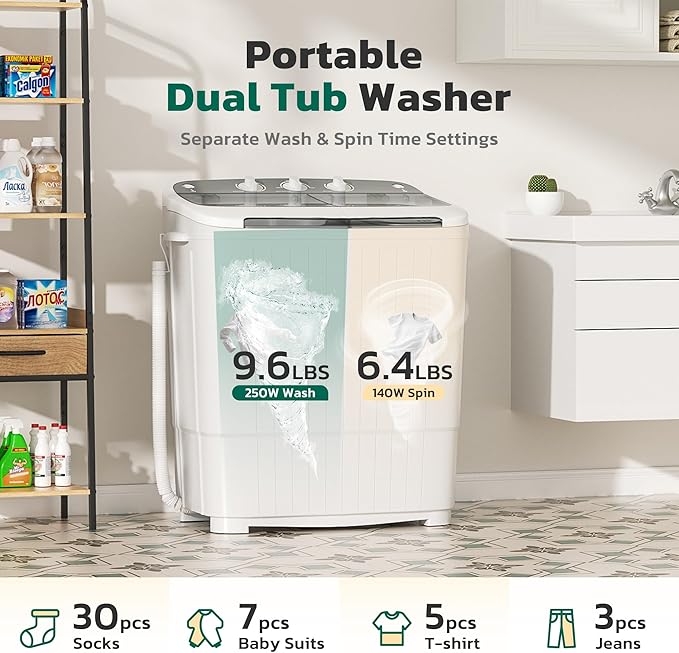 Greenvelly Portable Washing Machine, 16 Lbs Compact Mini Washer and Dryer Combo, Semi-automatic Twin Tub Washer with Drain Pump for Dorms, Apartments, RVs (Grey)-HomvellaHome
