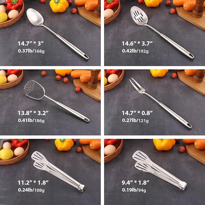 18/10 Stainless Steel Kitchen Utensils Set - 12 PCS All Metal Cooking Tools & 15″ Serving Utensils - Potato Masher, Meat Fork, Tongs, Turner, Pasta, Serving Spoon, Skimmer, Ladle, Spatula Spoon Set-HomvellaHome
