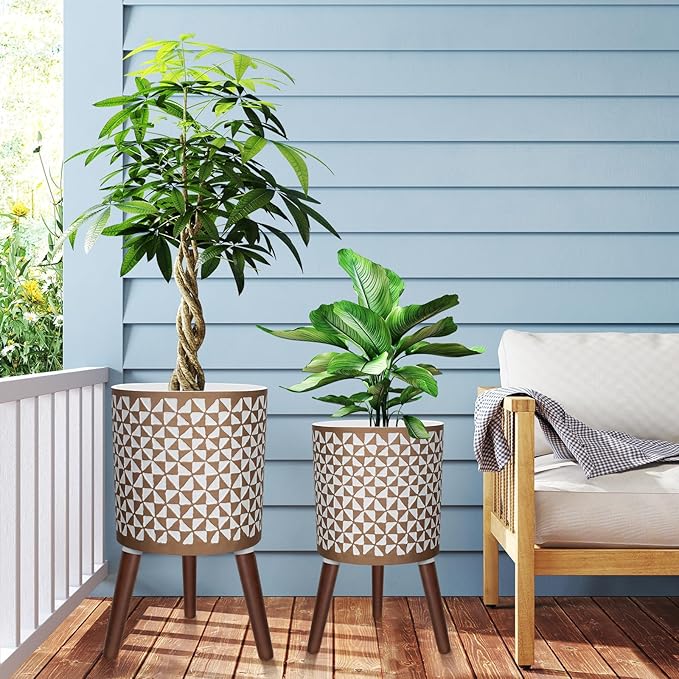 10 & 12 Inches Plant Pot with Stand, Large Modern Standing Planters for Indoor Outdoor Plants with Drainage Holes, Big Gold Floral Embossed Flower Pots with Legs-HomvellaHome