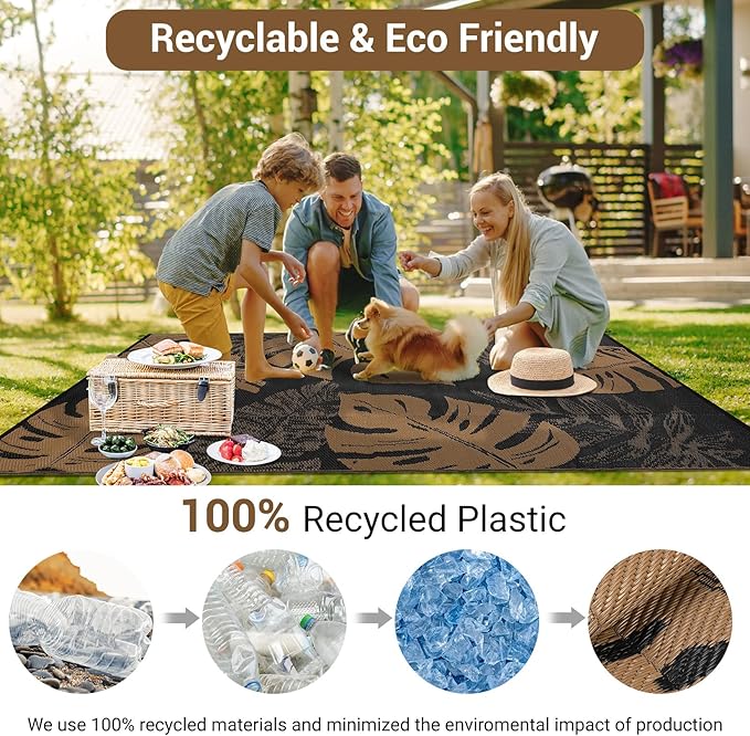 GAOMON Outdoor Rug Waterproof 9x12 Outdoor Plastic Straw Rug for Patio, Reversible Modern Camping Mat with Bag & Stakes, UV Resistant & Easy to Clean Carpet for RV, Deck, Balcony, Porch, Brown-HomvellaHome