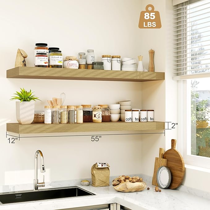 12" Deep Bathroom Floating Shelves for Wall Shelf Over Toilet Wall Mounted Farmhouse Long 55 inches Set of 1, Farmhouse Shelves with Invisible Brackets for Living Room, Kitchen, Bedroom,Oak-HomvellaHome