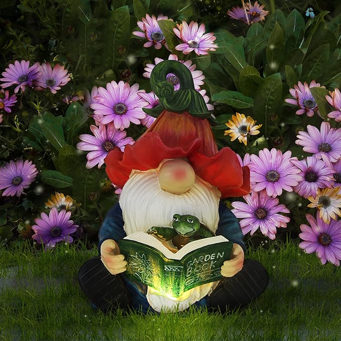 Garden Gnome Statue-Resin Gnome Figurine Hugging Turtle Reading Book with Solar LED Lights，Outdoor Summer Decorations for Patio Yard Lawn Porch,Garden Ornament Gift-HomvellaHome