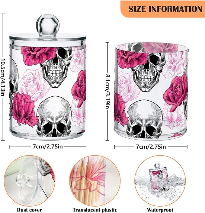 2 Pack Qtip Holder Dispenser Skull Rose Flower Bathroom Storage Canister Lid Acrylic Plastic Apothecary Jar Set Vanity Makeup Organizer for Cotton Swab/Ball/Round Pads, Floss-HomvellaHome