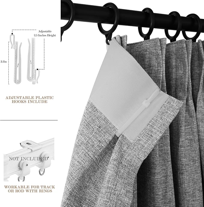 100" W x 96" L Faux Linen Room Divider Curtains, Full Blackout Pinch Pleated Drapes for Traverse Rod, Bedroom Divider Privacy Drapery with Hooks for Ceiling Track, 1 Panel, Light Grey-HomvellaHome