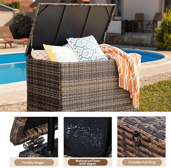 178 Gallon Outdoor Storage Box, Handle Large Portable Wicker Rattan Deck Box for Patio Furniture Cushions, Patio Deck Box with 2 WheelsThrow Pillows, Garden Tools and Pool Floats (Brown)-HomvellaHome
