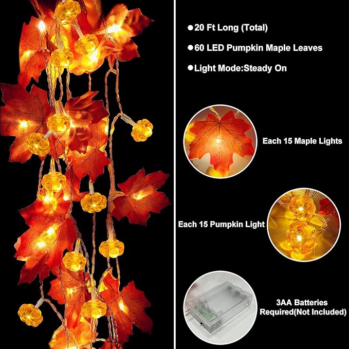 2 Pack & Timer - Fall Garland with Pumpkin Lights Halloween Fall Decor for Home 60LED 20Ft Enlarged Maples Leaves Halloween Garland Lights Indoor Battery Operated Thanksgiving Decor Wedding Christmas-HomvellaHome